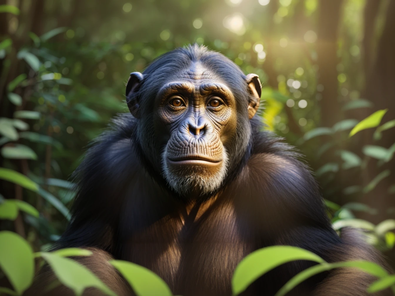 portrait of chimpanzee in the forest, global illumination, ray traching, HDR, realistic rendering, rational design, cinematic lighting, correct anatomy, Anatomically correct and precise facial structure, detailed facial depiction