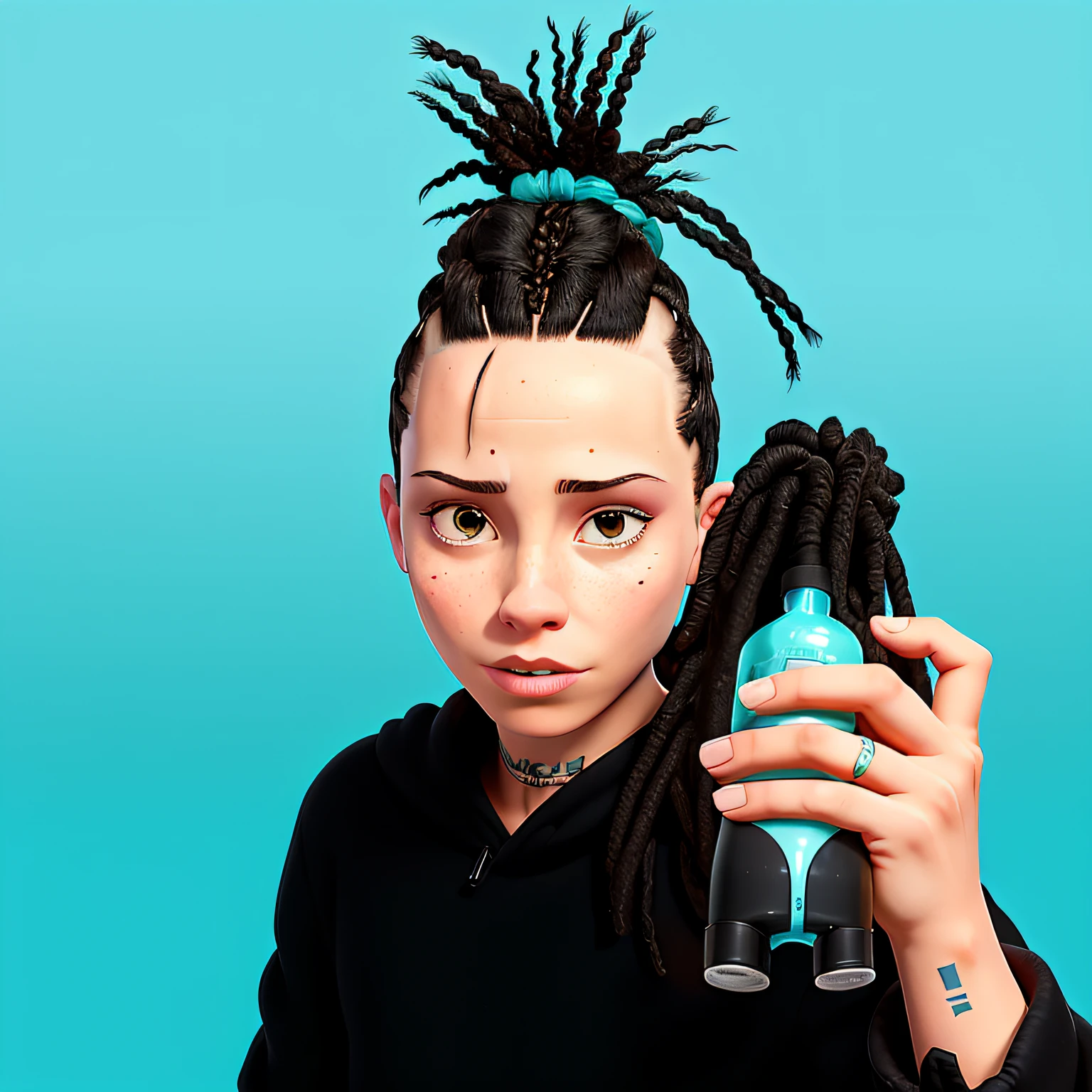 Arafed with a mohawk and a pair of shoes in his hands., People with Iroquois, with aqua-neon dreadlocks, with a mohawk, antipodeans, dreadlocks black hair, fastens bangs with one hand, A lot of dreadlocks on the head, inspired by Charles Martin, Frank Dillane as Puck, mohawk, die antwoord yolandi portrait