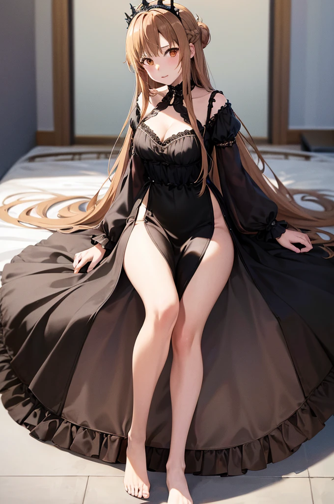 anime, highly detailed face, highly detailed eyes, highly detailed background, perfect lighting, full body, 1girl, solo, Asuna Yuuki, formal, indoors, black dress, cleavage, tiara, jewelry, hair bun, frilled skirt, see-through, bare legs, long light brown hair, absurdres, high res, ultrasharp, 8K, masterpiece, looking at viewer