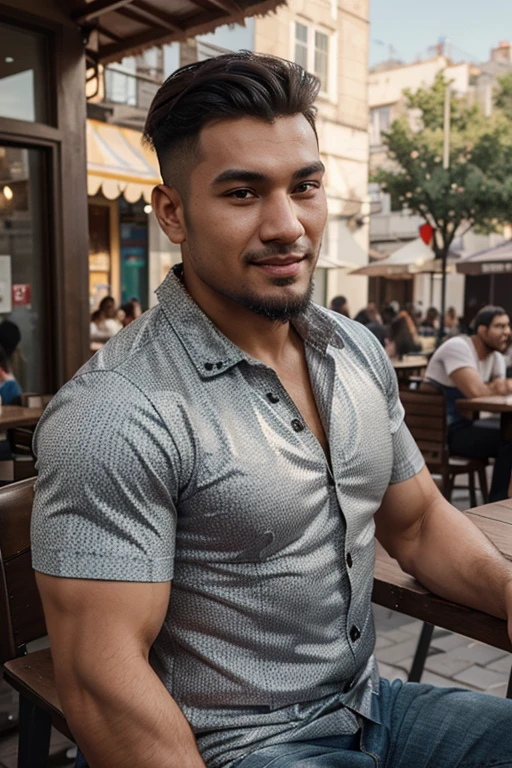 An alluring dating app profile of a 25-year-old Uzbek man exuding charm and confidence, showcasing his captivating smile, muscular physique, and styled hair with a rugged beard, the "Ultra realistic engine" emphasizing his personality through subtle expressions, set against a backdrop of an outdoor café, bustling with people, evoking a casual and inviting atmosphere, 3D rendering, detailed modeling and texturing to bring out the depth of his features, --ar 9:16 --v 5