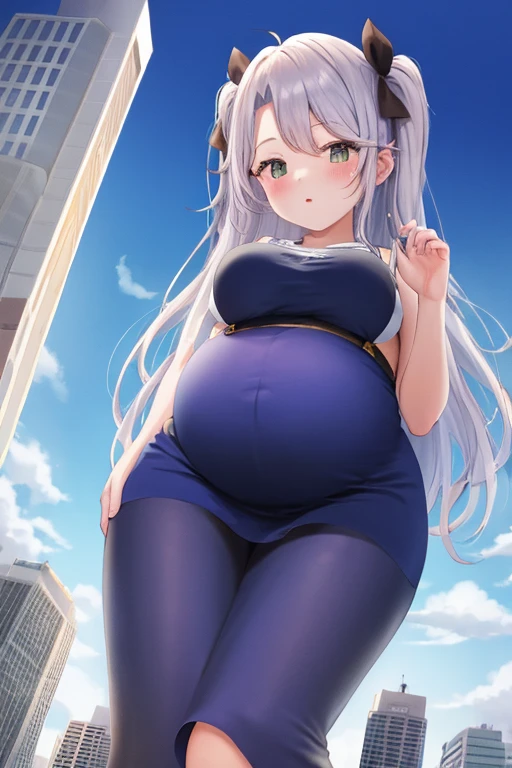Giant maiden,Moe two-dimensional style,Pregnancy status,Round belly,Gaze at the bustling city, Lying down