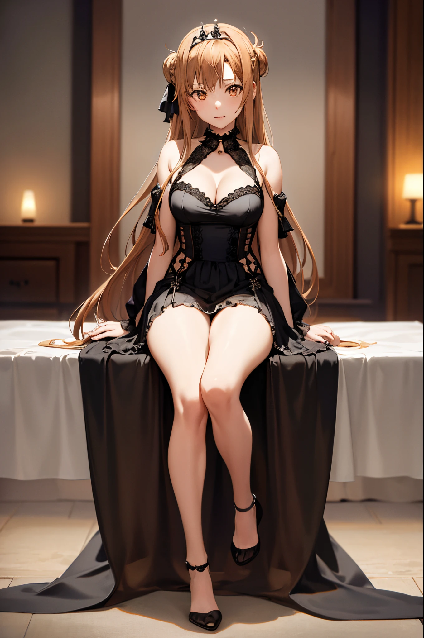 anime, highly detailed face, highly detailed eyes, highly detailed background, perfect lighting, full body, 1girl, solo, Asuna Yuuki, formal, indoors, black dress, cleavage, tiara, jewelry, hair bun, frilled skirt, see-through, bare legs, long light brown hair, absurdres, high res, ultrasharp, 8K, masterpiece, looking at viewer