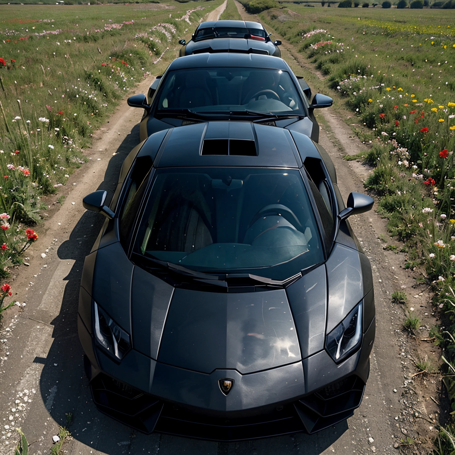 Take a photo of a Lamborghini brand car model in matte black color element left abandoned for years in the middle of flowers in a field of red flowers