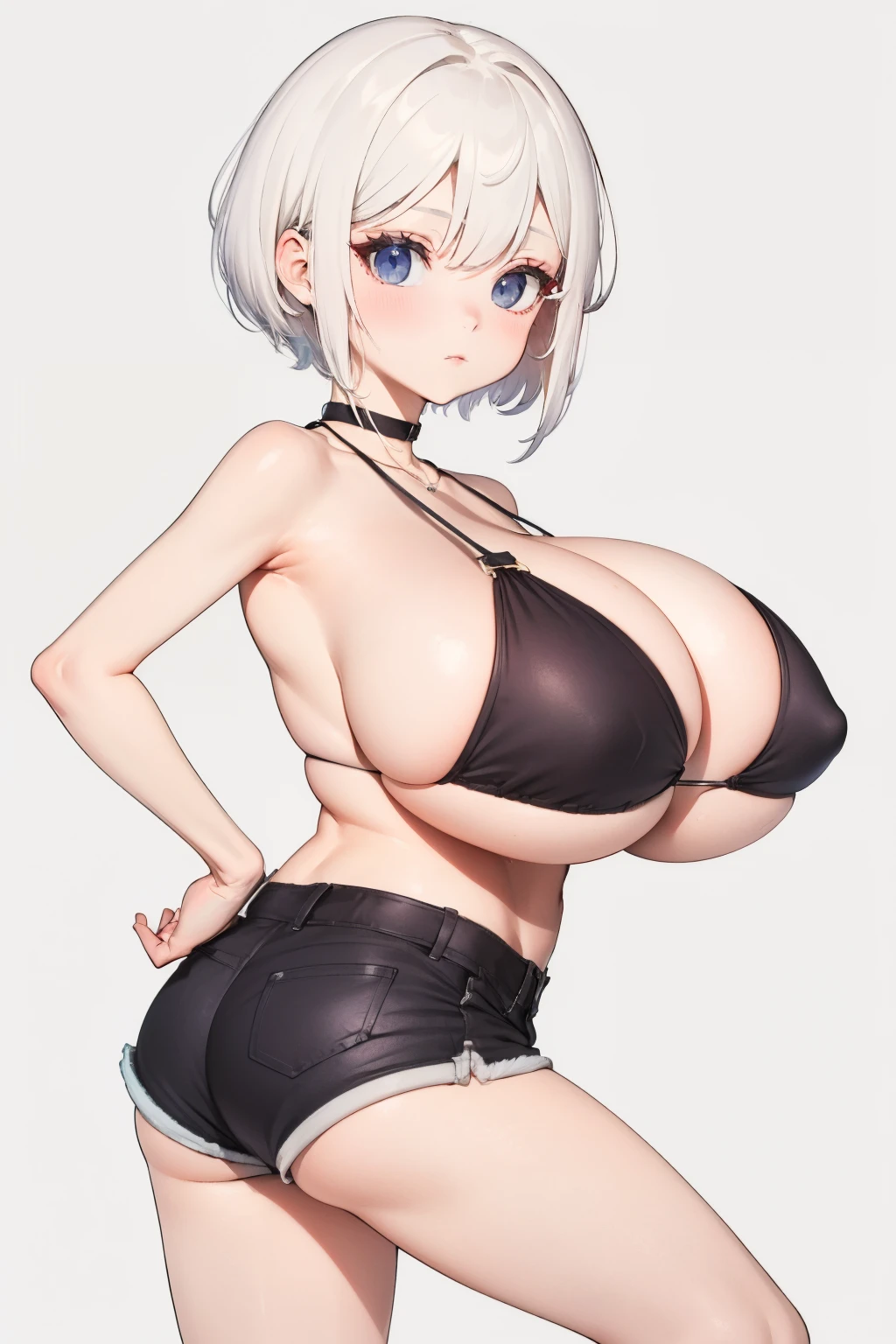 SFW, (short white hair), ((big breasts)),  thin waist, ((shortstack)), (black bikini top, short pants)