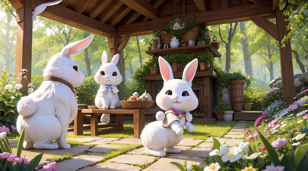 (Best quality,4K,A high resolution,tmasterpiece:1.2),（All white tones，ultra - detailed,super complex，White Rabbit Village,whimsical white village）,Fairytale atmosphere,（Cute little white rabbit wearing white exquisite aristocratic clothing）,storybook setting,fantasy themed,furry bunny,Charming white cottage,storybook illustrations,gentlesoftlighting,Naughty rabbit,Magical atmosphere,Smiling rabbit,warm sunlight,a joyful atmosphere,serene environment,Nice environment