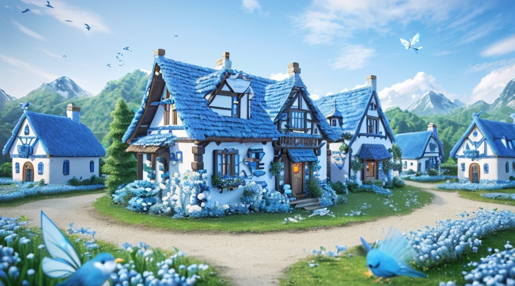 (Best quality,4K,8K,A high resolution,tmasterpiece:1.2),ultra - detailed,super complex，(Super cute 3D round little blue bird)，((Light blue and white fairy tale village))，There are little bluebirds everywhere，fei，Flock of Birds，super adorable，Correct anatomy