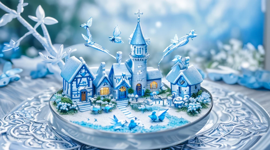 (Best quality,4K,8K,A high resolution,tmasterpiece:1.2),ultra - detailed,(Super cute 3D round little blue bird，Light blue and white fairy tale village)，There are little bluebirds everywhere，fei，Flock of Birds，super adorable