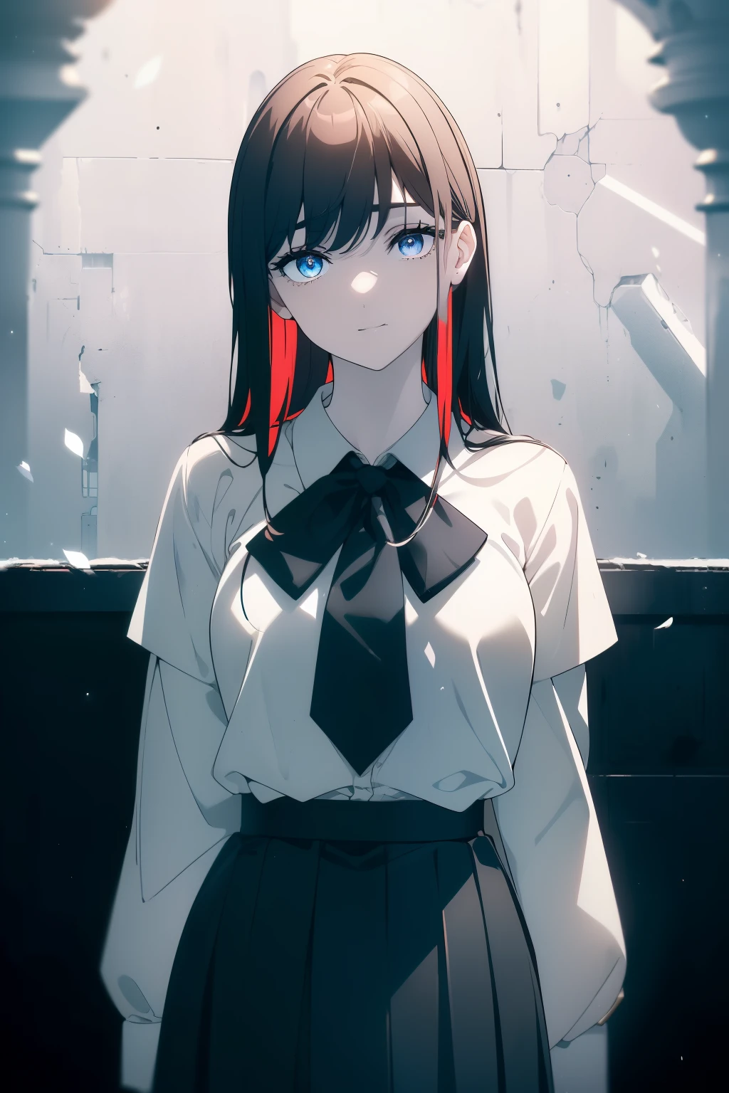 (Obra maestra, La mejor calidad, ultrahigh resolution), 1girl, standing, school uniform, white office shirt, black pleated skirt, ((light brown, light brown hair:0.7), long hair cut, pale skin, ((blue eyes)), glowing_eyes, neon eyes, (ultra detailed eyes, beautiful and detailed face, detailed eyes), ((centered)), smile, ((wide shot)), facing viewer, eye level, (blurry background, bright snowy background, winter), flat chested, looking at viewer, ((half closed eyes)), ((perfect hands)), (((head, arms, hips, elbows, in view))), ((hands behind back)), empty eyes, beautiful lighting, outside, outdoors, background, defined subject, 25 years old, (head tilt)