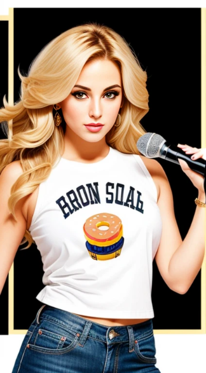 "(Mature and realistic portrayal:1.2) Sailor Moon (golden bronde hair) exuding confidence as she holds a microphone, her blonde hair cascading down, adorned in stylish black white denim clothes from the 2000s, with a backdrop filled with donuts."