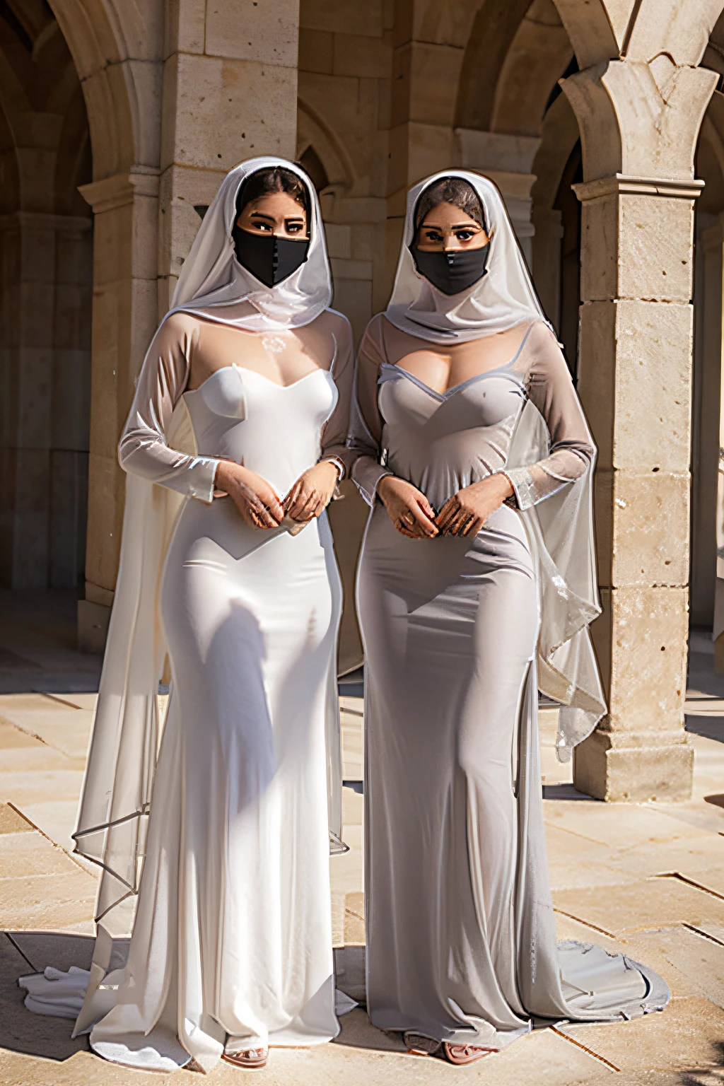 Duas lindas mulheres em um niqab branco transparente, corpo inteiro, pose elegante, luz suave, holding each breast with both hands