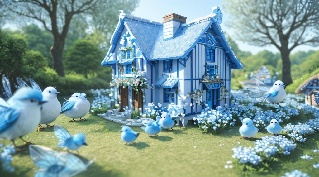 (Best quality at best,4K,8K,A high resolution,tmasterpiece:1.2),Super detailed and exquisite,super complex,(Super cute 3D round little blue bird),((Light blue and white extremely exquisite fairy tale village)),There are little bluebirds everywhere,fei,Flock of Birds,super adorable,Correct anatomy,luminous