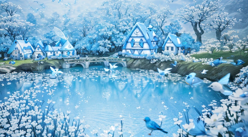 (Best quality at best,4K,8K,A high resolution,tmasterpiece:1.2),Super detailed and exquisite,super complex，(Super cute 3D round little blue bird)，((Light blue and white extremely exquisite fairy tale village))，There are little bluebirds everywhere，fei，Flock of Birds，super adorable，Correct anatomy，luminous