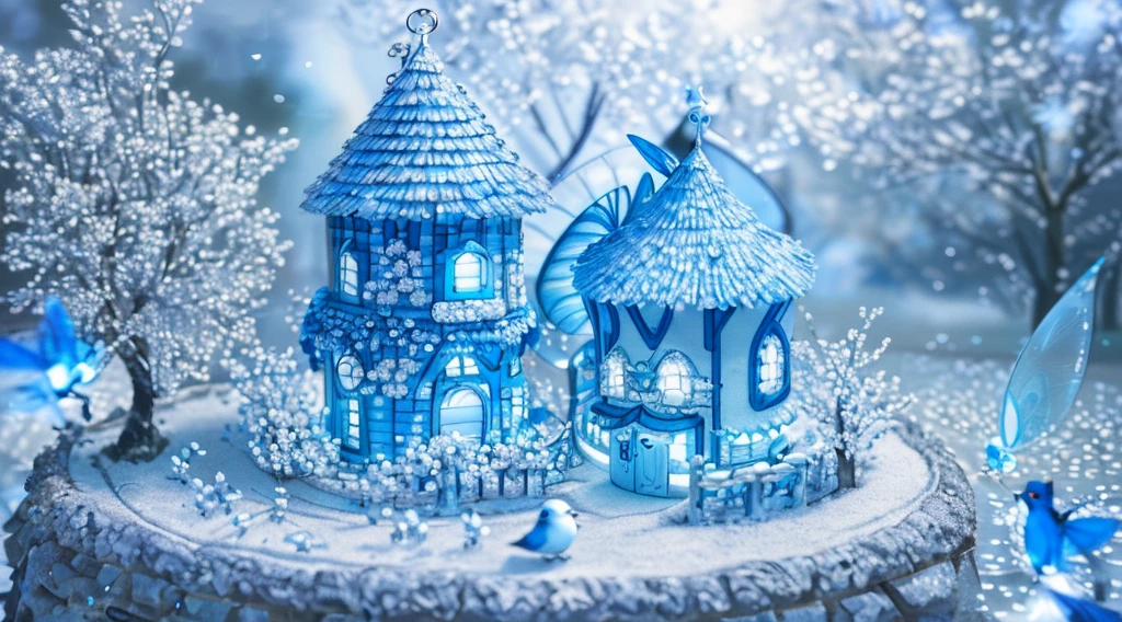 (Best quality,4K,8K,A high resolution,tmasterpiece:1.2),ultra - detailed,(Super cute 3D round little blue bird，Light blue and white fairy tale village)，There are little bluebirds everywhere，fei，Flock of Birds，super adorable
