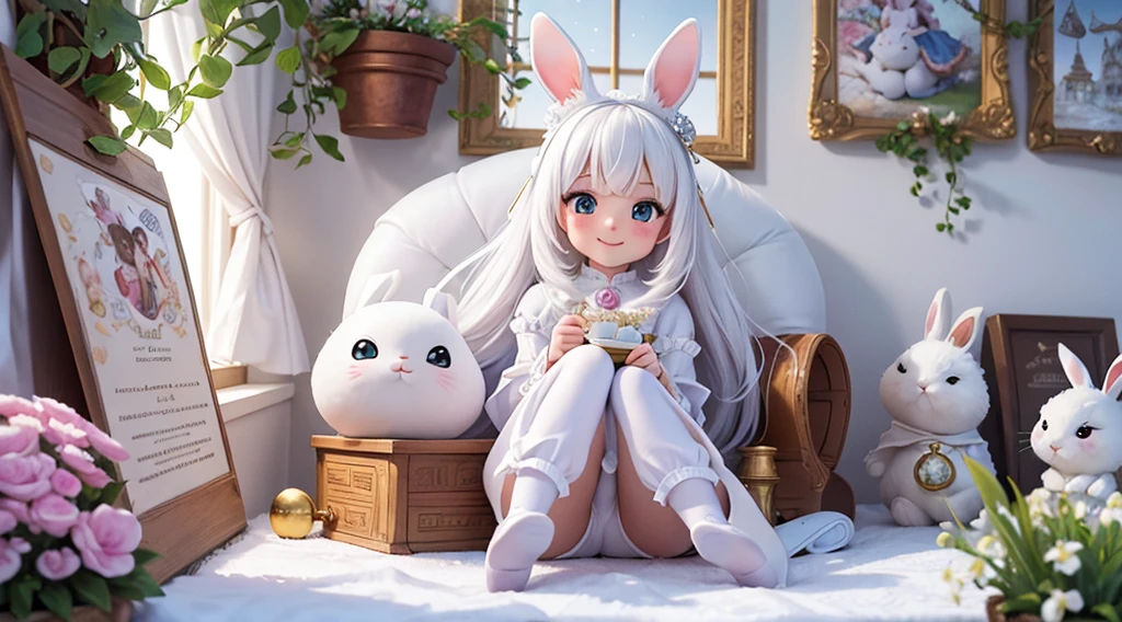 (Best quality,4K,A high resolution,tmasterpiece:1.2),（All white tones，ultra - detailed,super complex，White Rabbit Village,whimsical white village）,Fairytale atmosphere,（Cute little white rabbit wearing white exquisite aristocratic clothing）,storybook setting,fantasy themed,furry bunny,Charming white cottage,storybook illustrations,gentlesoftlighting,Naughty rabbit,Magical atmosphere,Smiling rabbit