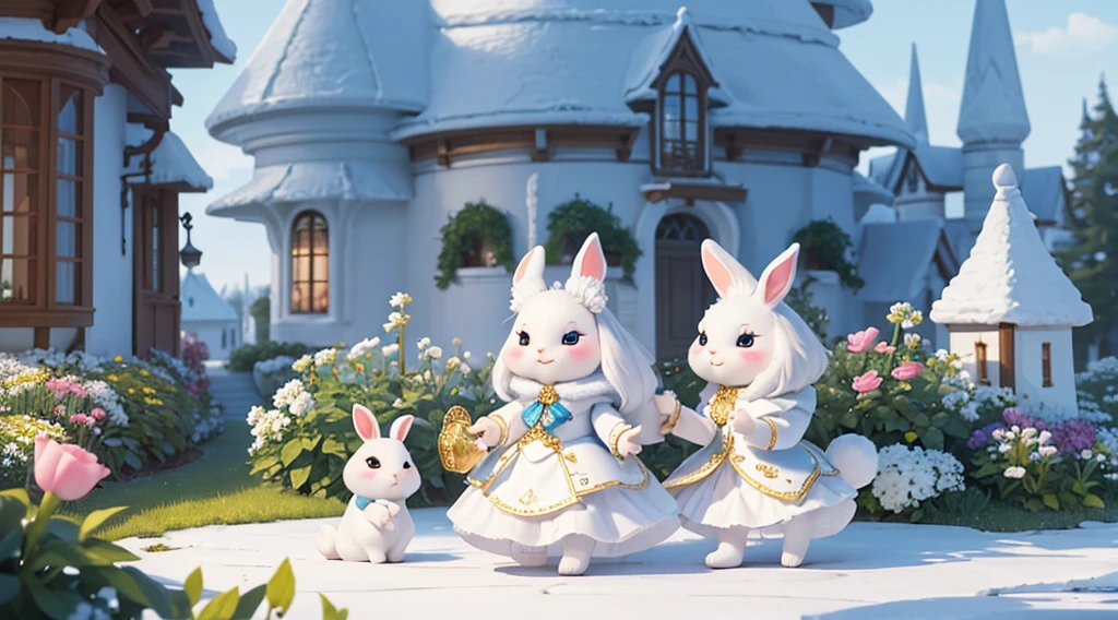(Best quality at best,4K,A high resolution,tmasterpiece:1.2),all white tone，ultra - detailed,White Rabbit Village,cute big breasts,White Rabbit&#39;s House,whimsical village,fairytale atmosphere,adorable rabbit,storybook setting,fantasy themed,furry bunny,tranquil ambiance,Charming cottage,storybook illustrations,gentlesoftlighting,Naughty rabbit,magical ambiance,Smiling rabbit,warm sunlight,a joyful atmosphere,serene environment,Fantastic environment