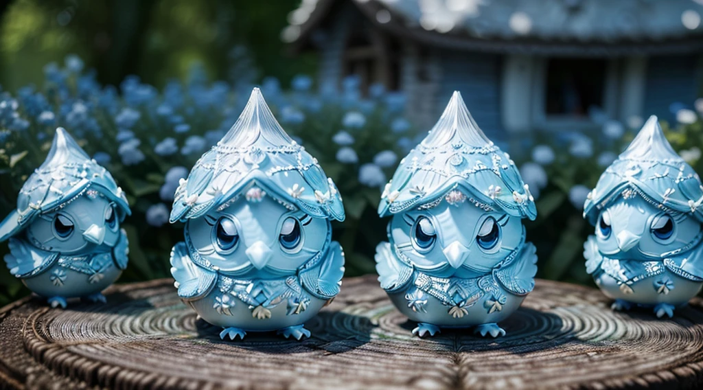 (Best quality,4K,8K,A high resolution,tmasterpiece:1.2),Super detailed and exquisite,super complex,(Super cute 3D round little blue bird),((Light blue and white extremely exquisite fairy tale village)),There are little bluebirds everywhere,fei,Flock of Birds,super adorable,Correct anatomy,glowing,Shiny