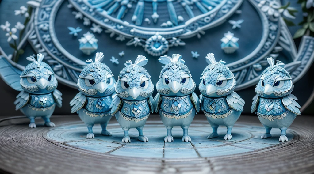 (Best quality,4K,8K,A high resolution,tmasterpiece:1.2),Super detailed and exquisite,super complex，(Super cute 3D round little blue bird)，((Light blue and white extremely exquisite fairy tale village))，There are little bluebirds everywhere，fei，Flock of Birds，super adorable，Correct anatomy，glowing，Shiny