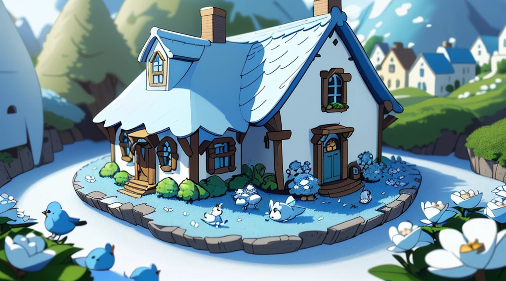 (Best quality at best,4K,8K,A high resolution,tmasterpiece:1.2),Super detailed and exquisite,super complex，(Super cute 3D round little blue bird)，((Light blue and white extremely exquisite fairy tale village))，There are little bluebirds everywhere，fei，Flock of Birds，super adorable，Correct anatomy，glowing