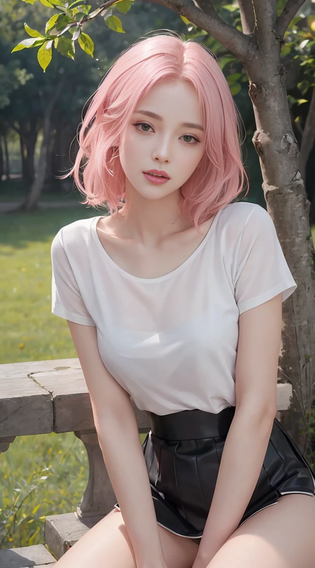 (1girl:1.3), Solo, __body-parts__, Official Art, Unity 8k Wallpaper, Ultra Detailed, Beautiful and Aesthetic, Masterpiece, Best Quality, RAW, Super Fine Photo, Best Quality, Ultra High Resolution, Photorealistic Photorealism, Sunlight, Full Body Portrait, Amazing Beauty, Delicate Face, Vibrant Eyerom the Front), Detailed Face, Gorgeous, Highly Detailed Skin, Realistic Skin Details, Visible Pores, Sharp Focus, Volume Fog, 8K uhd, DSLR, high quality, film grain, fair skin, photo realism, medium breasts, open eyes, skinny, slim waist, complex, delicate lips, long hair, medium breasts, outdoor, short hair, pink haired, white tshirt, black skirt