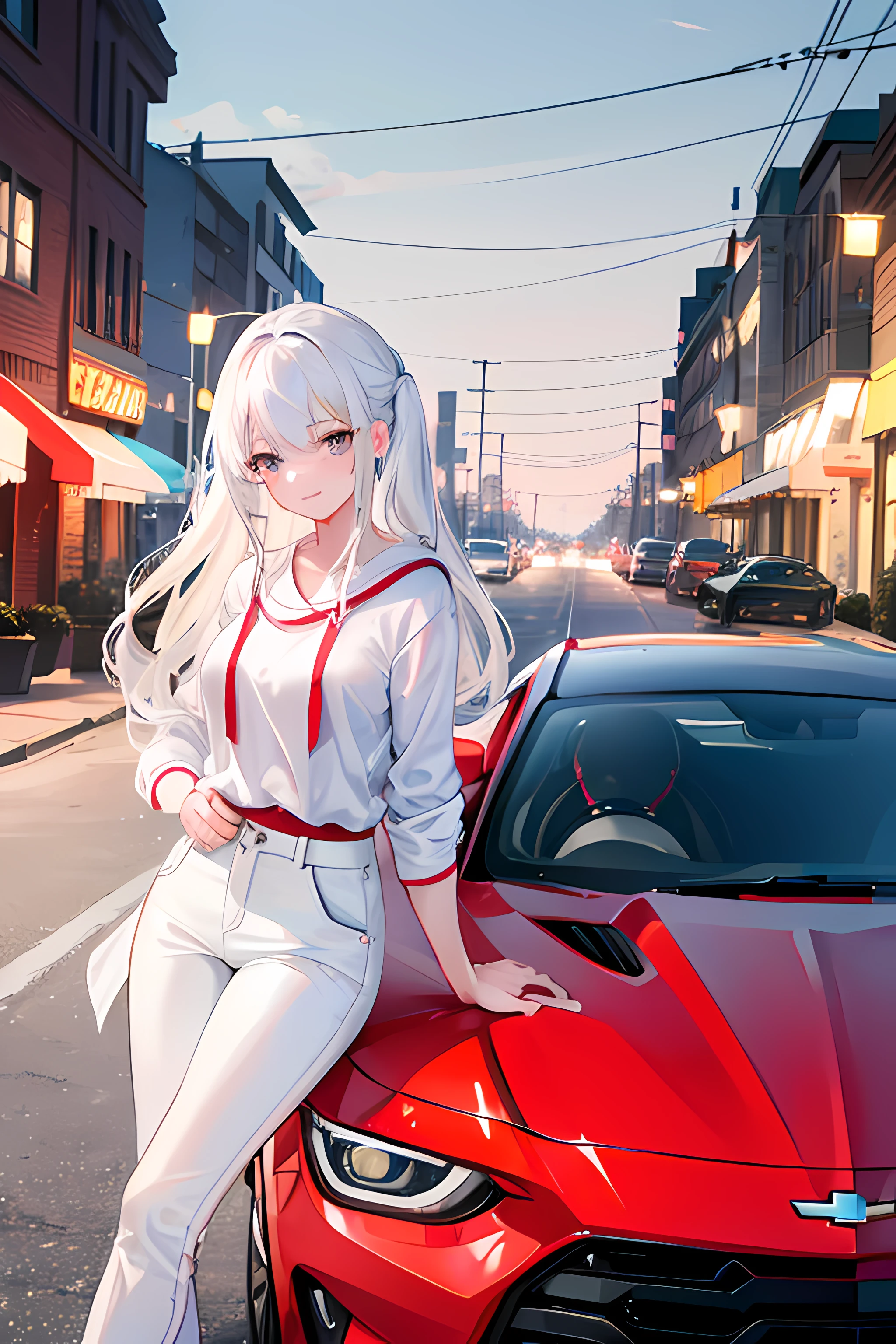 1girls, White hair, white shirt, white pants, Sommer, Nacht, Parkplatz, Chevrolet Camaro ZL1 in Schwarz-Rot, Geburtstagsgeschenk, Girl is happy, Smileing, 8K, ultrascharf, Meisterwerk, Blick auf den Betrachter, The car with the girl leaning on it is 3 meters away