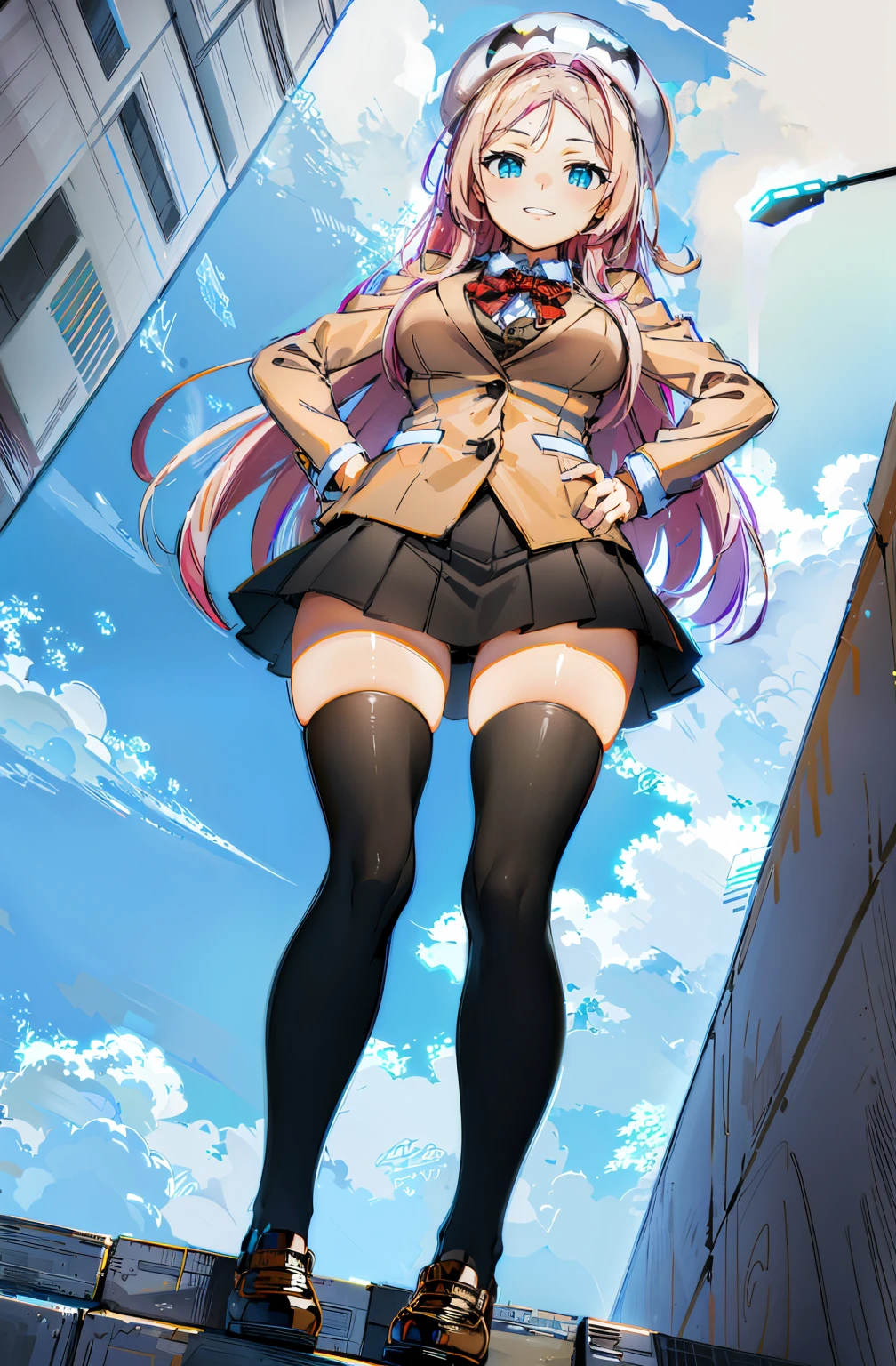 drakoi, 1girl, thighhighs, long hair, pink hair, school uniform, smile, hat, skirt, black thighhighs, large breasts, hand on hip, blazer, bow, fullbody, standing, sky, (clouds:1.4)