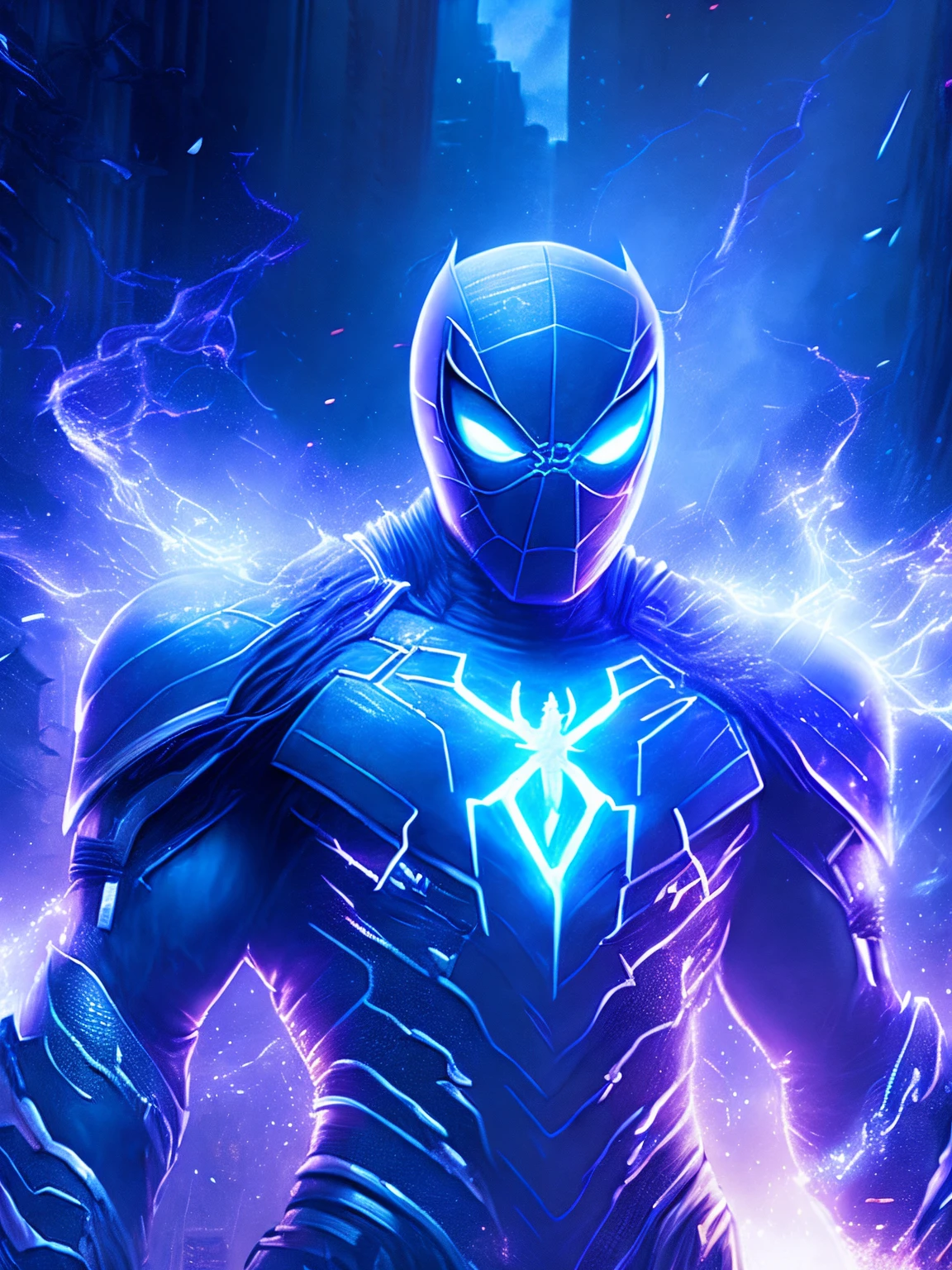 gloomy portrait of White Spider-Man Horseman of the Apocalypse from Marvel, extremely detailed, futuristic cityscape, nighttime, glowing neon lights, smoke, sparks, metal shavings, flying debris, blue energy effects, volumetric light