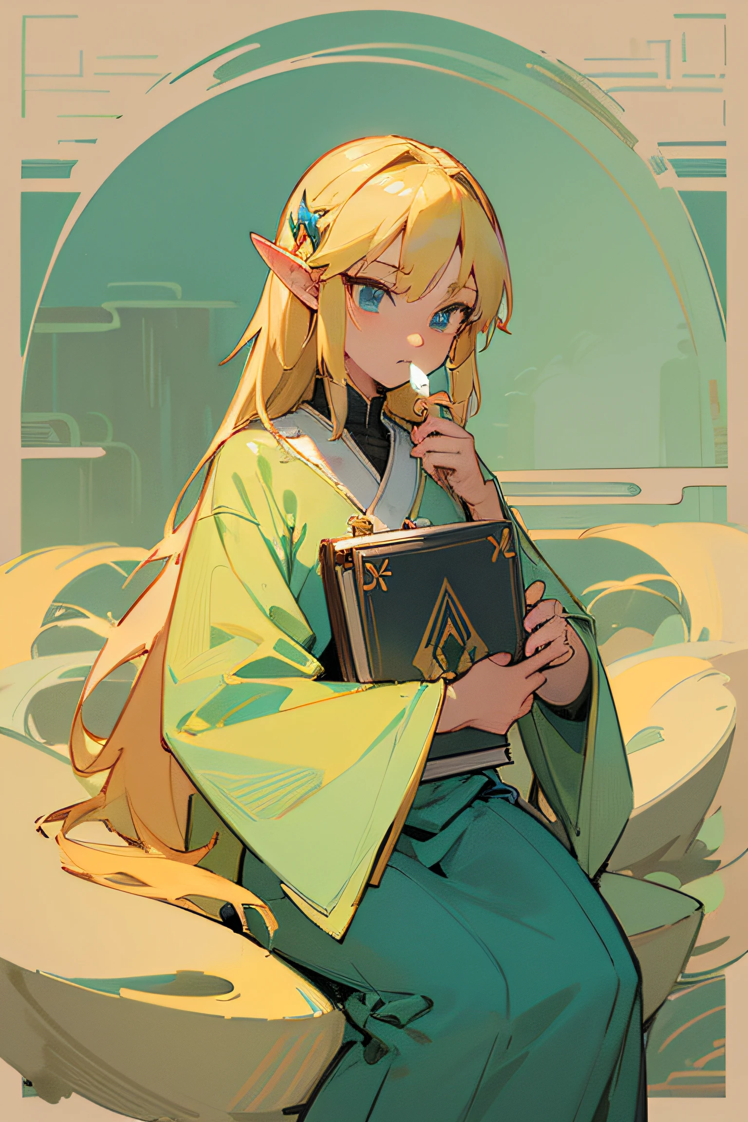 ultra detailed illustration of zelda sit while holding book:The legend of zelda tear of the kingdom,calm face, holding book, blonde hair, sticker, white bakcground, no background, 2d art style, anime style, pastel color, 3 color, ultra detail, vector art by MSchiffer
