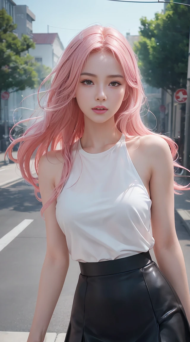 (1girl:1.3), Solo, __body-parts__, Official Art, Unity 8k Wallpaper, Ultra Detailed, Beautiful and Aesthetic, Masterpiece, Best Quality, RAW, Super Fine Photo, Best Quality, Ultra High Resolution, Photorealistic Photorealism, Sunlight, Full Body Portrait, Amazing Beauty, Delicate Face, Vibrant Eyerom the Front), Detailed Face, Gorgeous, Highly Detailed Skin, Realistic Skin Details, Visible Pores, Sharp Focus, Volume Fog, 8K uhd, DSLR, high quality, film grain, fair skin, photo realism, medium breasts, open eyes, skinny, slim waist, complex, delicate lips, long hair, medium breasts, outdoor, pink haired, white tshirt, black skirt