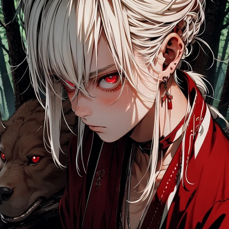 Warrior, bark skinned, early twenties, male, solo, white hair, mam bun hairstyle, height quality, good posture, relaxed, clear eyes, loose robes, red eyes , amidst the forest .