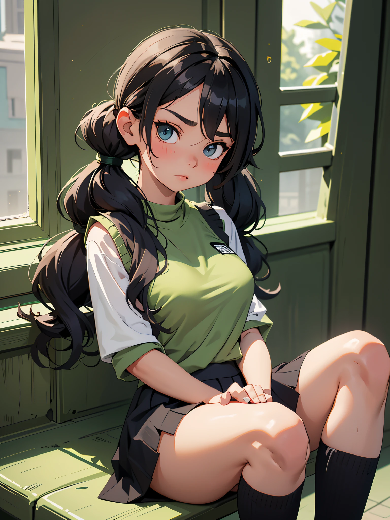 (masterpiece, best quality), 1girl, Black Wavy Ponytail Hair with, small smile Size BB breasts, Green Apple oversized t-shirt top and Ruffled mini skirt, kneehighs, Sitting with legs stretched out and arms crossed over the chest
