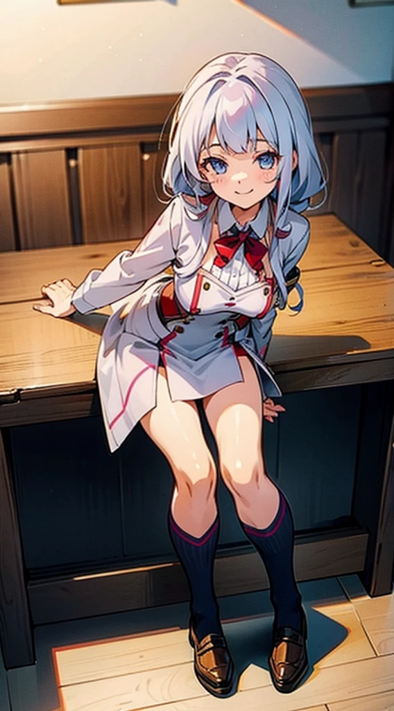 Anna Miller's Uniform, cute girl clerk, customer service smile, leaning down, Emphasized chest, and draw the full body