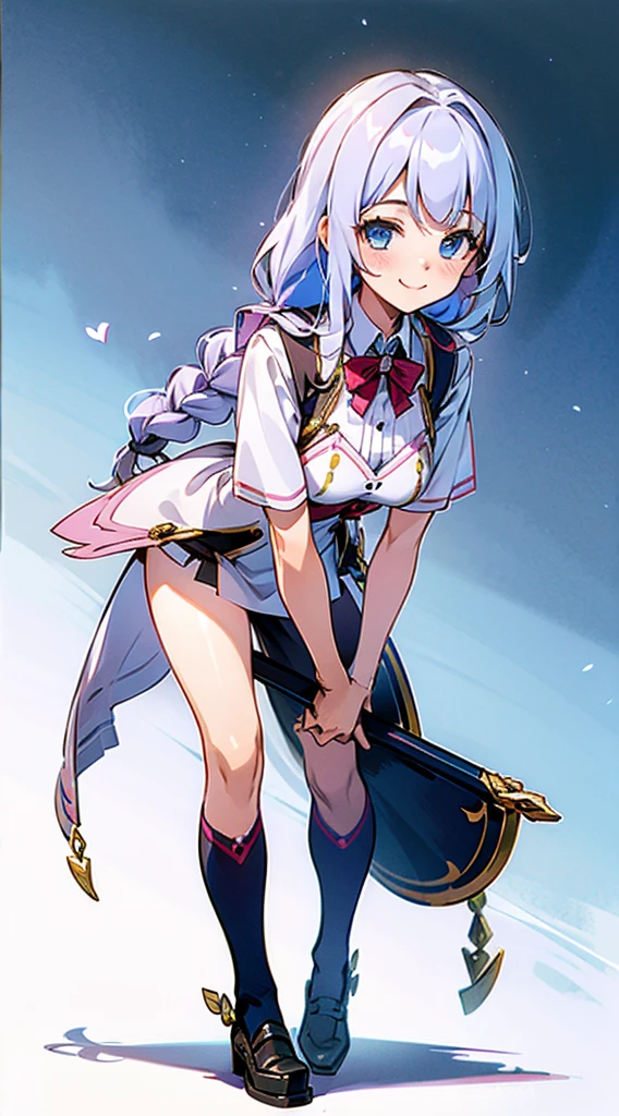 Anna Miller's Uniform, cute girl clerk, customer service smile, leaning down, Emphasized chest, and draw the full body