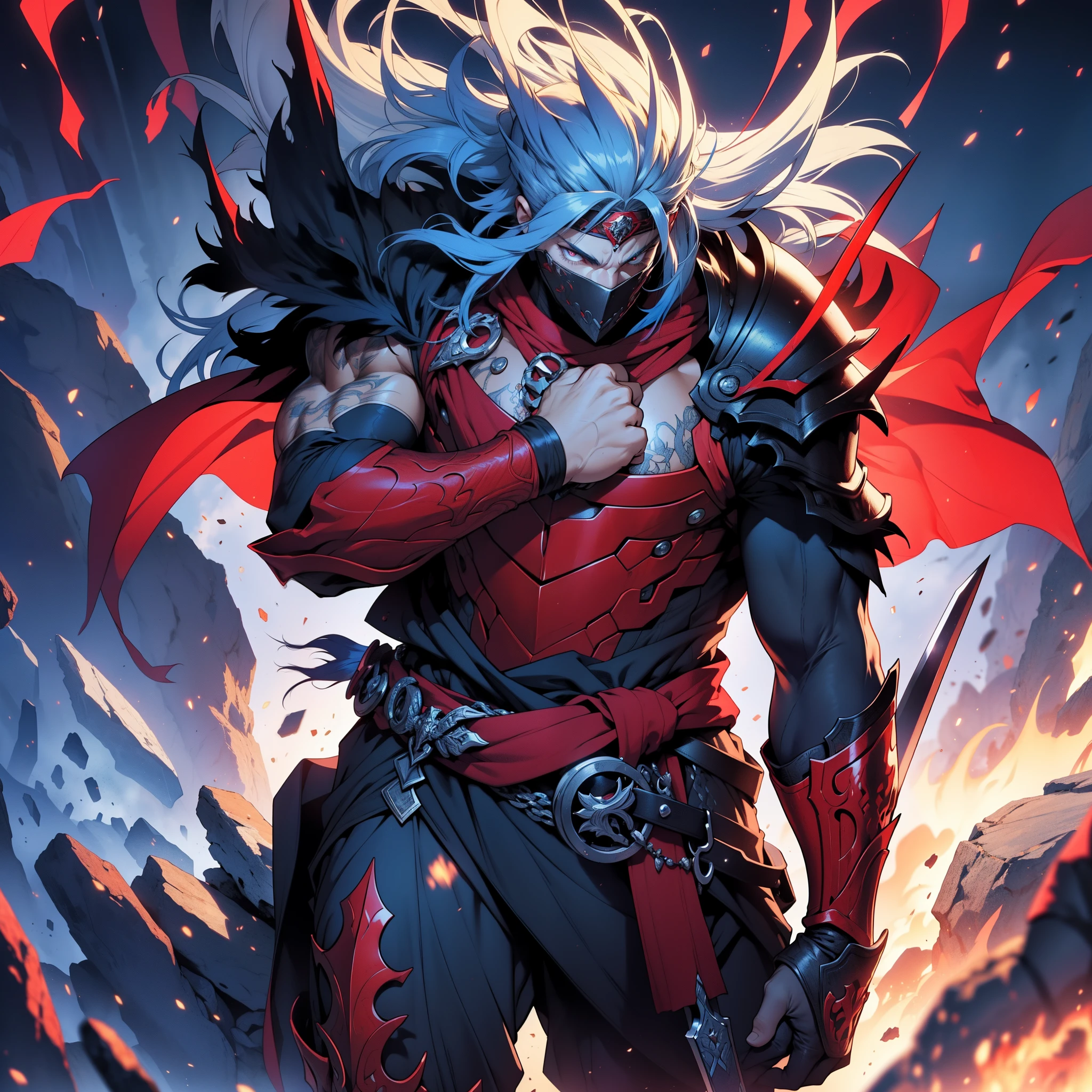 (best quality, high resolution, extreme detail description:1.2), viking boy, blue-haired man, wearing a red headband, inttricate gauntlets, battle-hardened, full-body illustration, intricate red armor, detailed eyes and lips, flowing white cape, black metal boots, dramatic lighting, vibrant colors, ((holding a long human sized sword)), masterpiece, hd, immaculate, exquisite details, perfect anatomy, perfect posing,