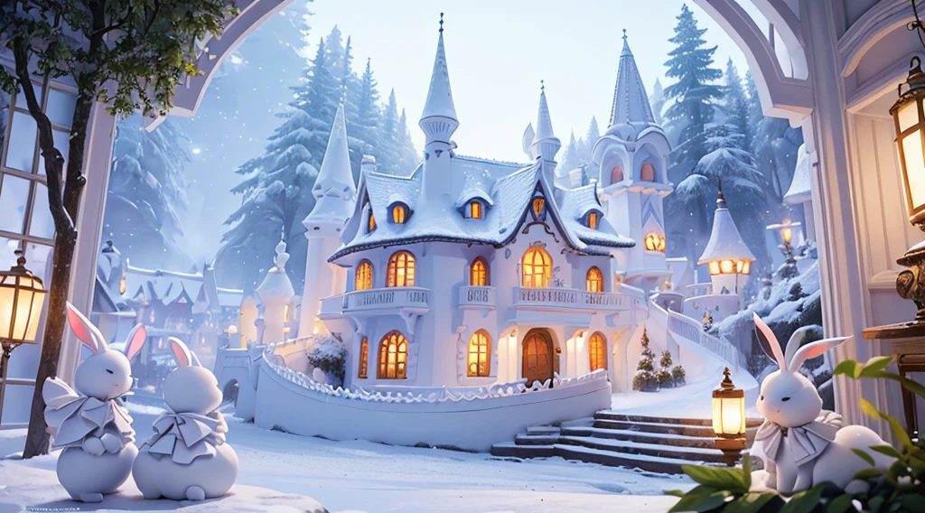 (Best quality,4K,A high resolution,tmasterpiece:1.2),（All white tones，ultra - detailed,super complex，White Rabbit Village,whimsical white village）,Fairytale atmosphere,（Cute little white rabbit wearing white exquisite aristocratic clothing）,Fantasy charming white cottage,gentlesoftlighting,Magical atmosphere,ssmile