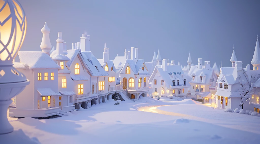 (Best quality at best,4K,A high resolution,tmasterpiece:1.2),（All white tones，ultra - detailed,super complex，White Rabbit Village,whimsical white village）,Fairytale atmosphere,（Cute little white rabbit wearing white exquisite aristocratic clothing）,Dreamy and charming white cottage,gentlesoftlighting,magical ambiance,ssmile