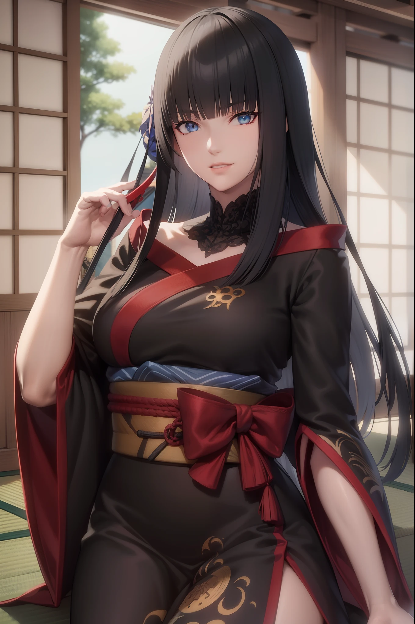 1girl, yotsuyu_ff14, hime cut, long hair, black_hair,(mole_under_mouth:0.75), headdress,
BREAK  japanese clothes, standing,
BREAK Japanese-style room, Shoji, Tatami mats, (Japanese) mattress,
BREAK looking at viewer, cowboy shot,
BREAK (masterpiece:1.2), best quality, high resolution, unity 8k wallpaper, (illustration:0.8), (beautiful detailed eyes:1.6), extremely detailed face, perfect lighting, extremely detailed CG, (perfect hands, perfect anatomy),