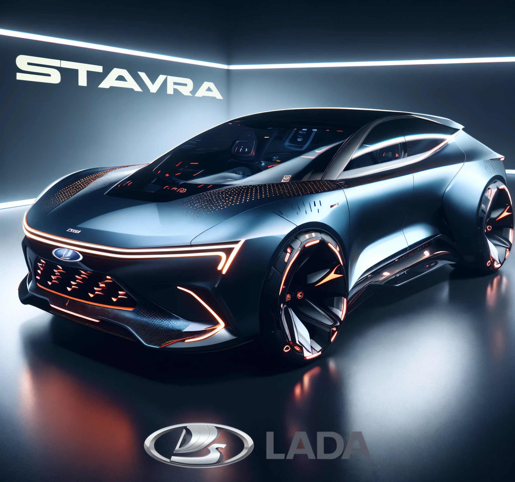 close-up of a futuristic car, displayed in a car showroom, Tadeusz Pruszkowski, lada, Futuristic car shot, by Adam Marczyński, Liviuš Gyulaj, concept car, by Slava Raškaj, Trends in car design, by Ivan Mrkvička, Car Lada