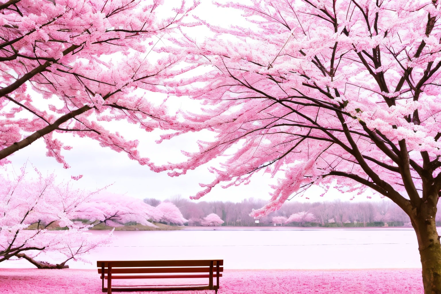 Pink flowers on a tree in the park with a bench, The cherry tree, The cherry tree, cherry blossom, lush sakura trees, cherryblossom, sakura season, pink trees, cherry blossom forest, The cherry tree, Season!! : 🌸 ☀ 🍂 ❄, blossom sakura, The cherry tree, green grass々and cherry blossoms, cherry blossom rain everywhere, sakura bloomimg, cherry trees