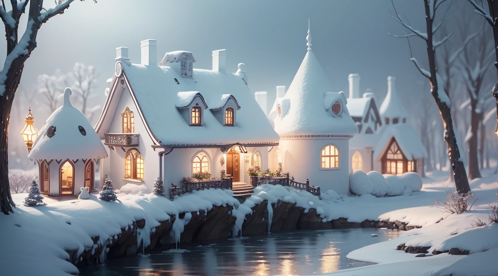 (Best quality,4K,A high resolution,tmasterpiece:1.2),(All white tones,ultra - detailed,super complex,White Rabbit Village,whimsical white village),Fairytale atmosphere,(Cute little white rabbit wearing white exquisite aristocratic clothing),Dreamy and charming white cottage,gentlesoftlighting,Magical atmosphere,ssmile