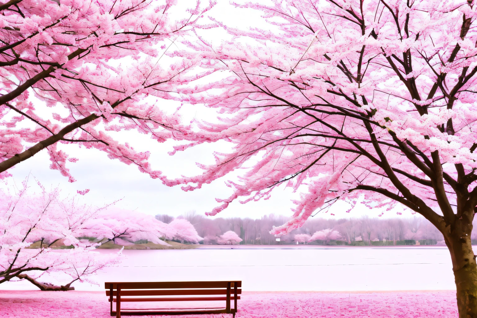 Pink flowers on a tree in the park with a bench, The cherry tree, The cherry tree, cherry blossom, lush sakura trees, cherryblossom, sakura season, pink trees, cherry blossom forest, The cherry tree, season!! : 🌸 ☀ 🍂 ❄, blossom sakura, The cherry tree, Green grass々and cherry blossoms, cherry blossom rain everywhere, sakura bloomimg, cherry trees