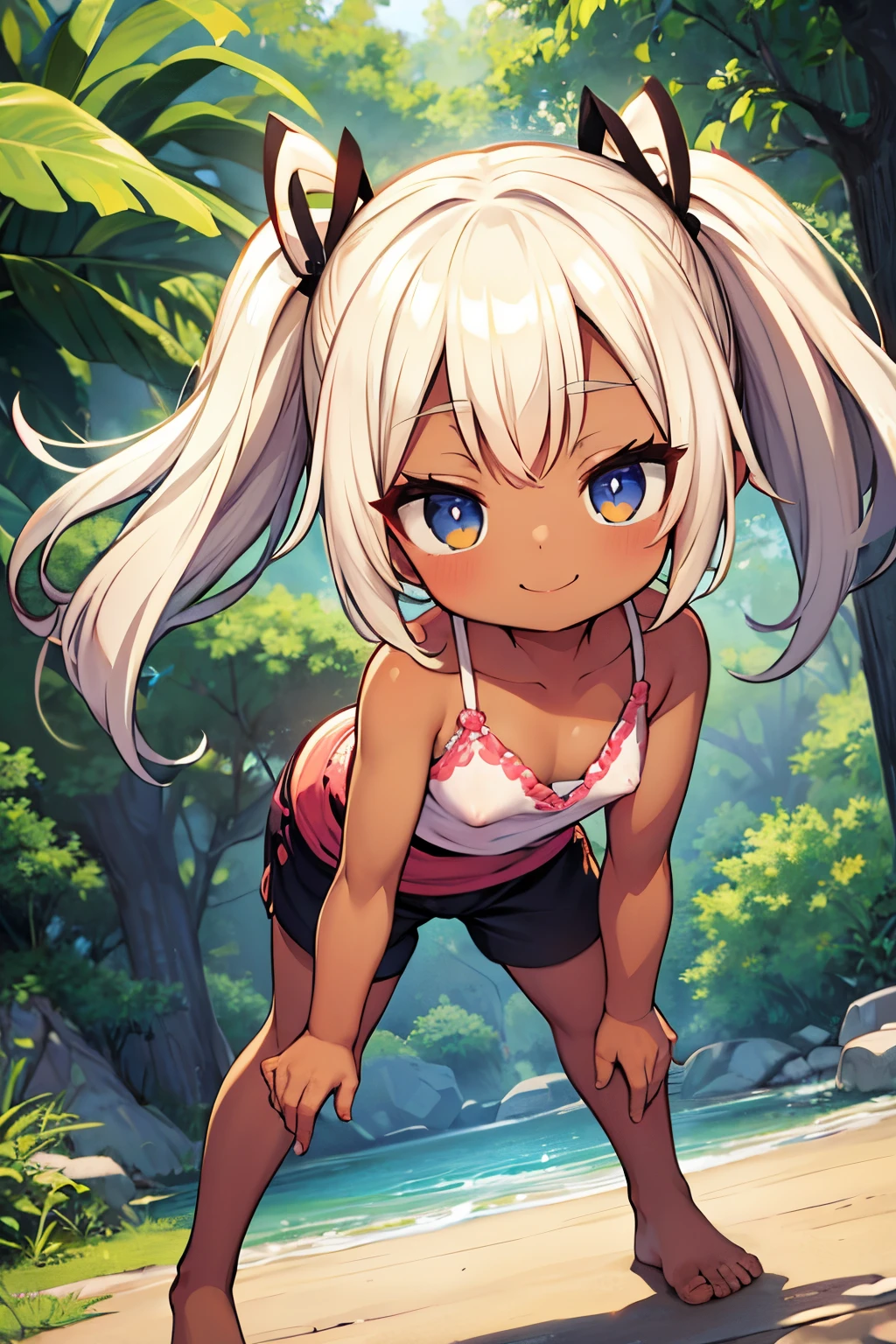masterpiece,pull tanktop-shirt, tanktop-shirt down, nipples, off shoulder, bare shoulder, , carly hair, twintails, dark skin, african, smile, hot pants is digging in her anus, Africa, hand on head, leaning forward,nipples,nipples、Nipples are visible