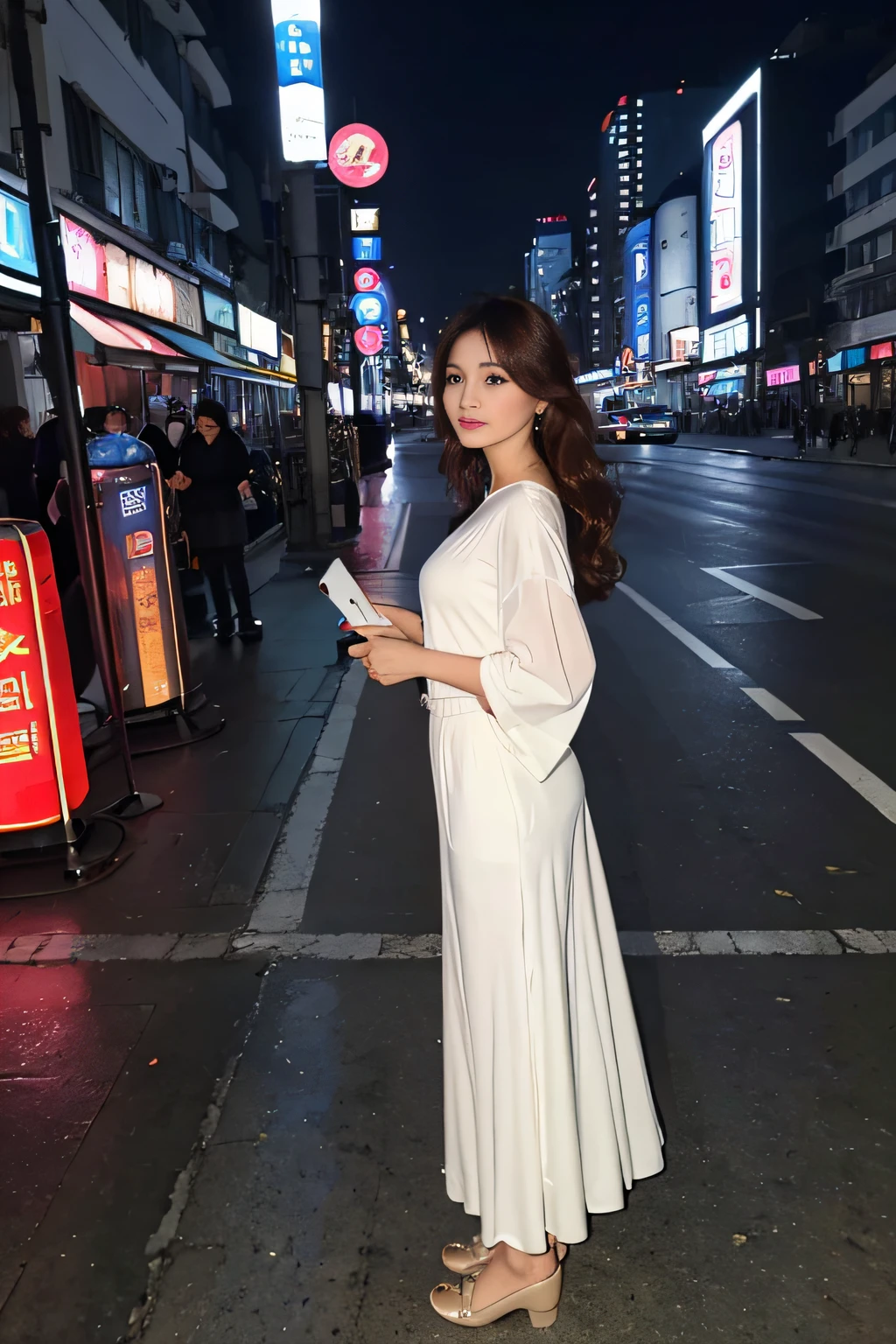 Best quality, 超High Resolution, (Realstic、photoreallistic:1.4), 1fille dans pull de couleur（corps)、de face、with perche à selfie, (cheveux brun clair:1.2), l Affichage de la visionneuse, Souriant、Colossal、Style dodu, gros cul,、indirect lighting, sur la plage, Grand Angle、Un sexy、Transistor Glamour、Goddess of Mexico、wavy hair、 peau mate, Cheveux courts、Beautiful Mature Women 、the perfect appearance, gros seins, rue de Seoul, quartier hongdae de nuit*