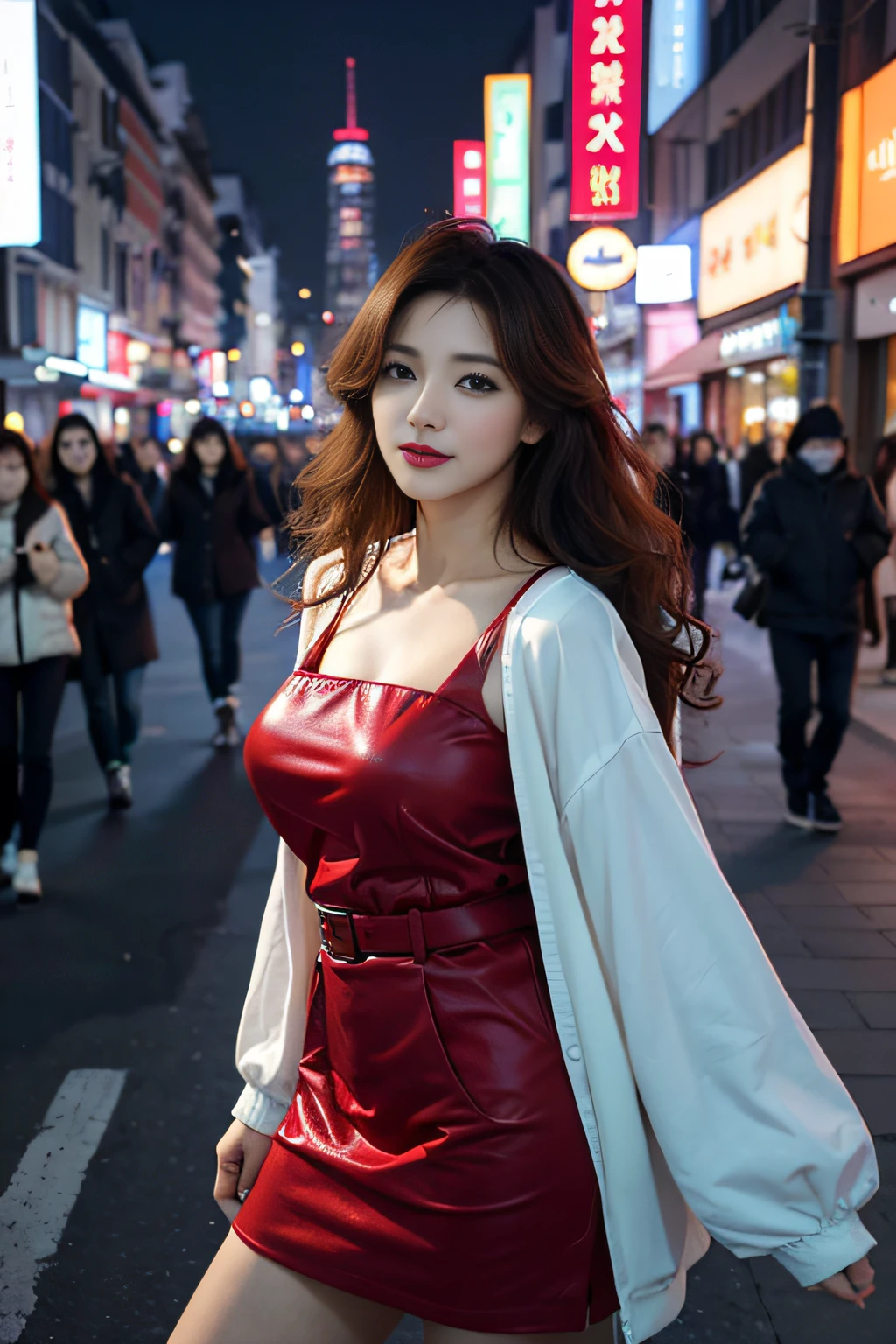 Best quality, 超High Resolution, (Realstic、photoreallistic:1.4), 1fille dans pull de couleur(corps)、de face、with perche à selfie, (cheveux brun clair:1.2), l Affichage de la visionneuse, Souriant、Colossal、Style dodu, gros cul,、indirect lighting, Grand Angle、Un sexy、Transistor Glamour、Goddess of Mexico、wavy hair、 peau mate, Cheveux courts、Beautiful Mature Women 、the perfect appearance, gros seins, rue de Seoul, quartier hongdae de nuit