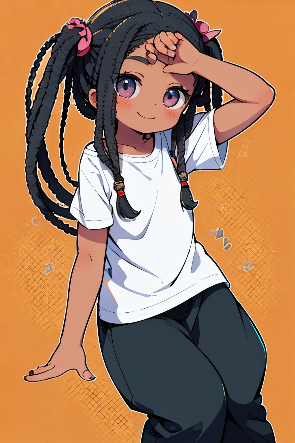 pull T-shirt, T-shirt down, nipples, off shoulder, bare shoulder, black girl, dreadlocks, twintails, long hair, dark skin, african, smile, wide pants, Africa, hand on head, leaning forward,nipples,Chibi
