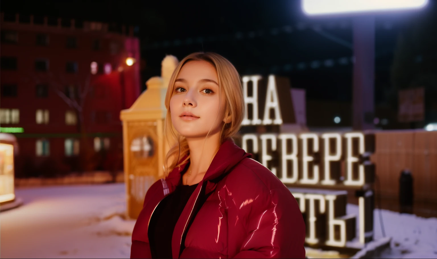 Girl outdoors in winter, girl in the evening, in a winter jacket, evening, winter,
