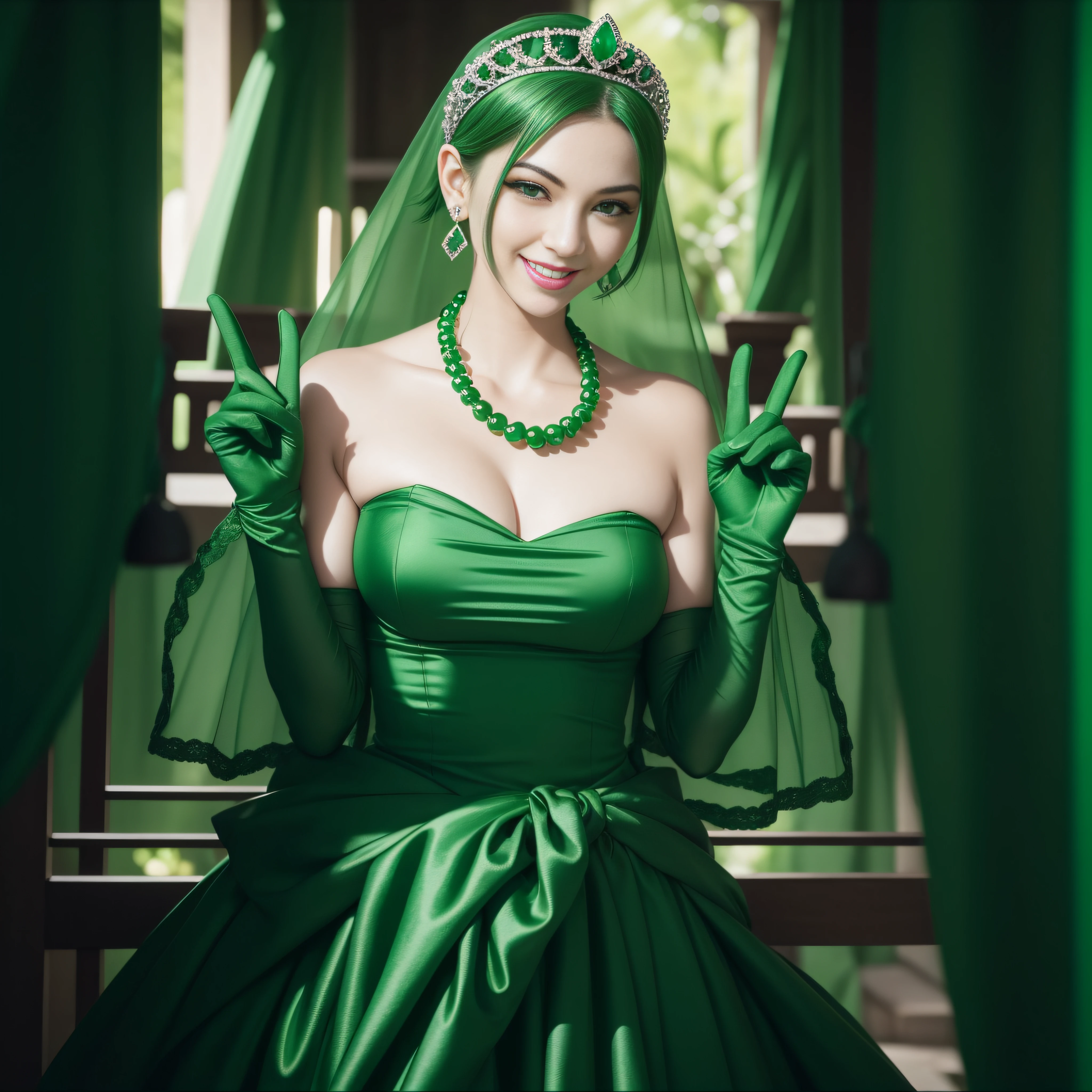 emerald tiara, Green Pearl Necklace, Boyish very short green hair, lipsticks, Japan woman smiling, very short short hair, big breasts beautiful, Green eyes, Long green gloves made of satin material, Green eyes, Emerald Earrings, green vale, v sign