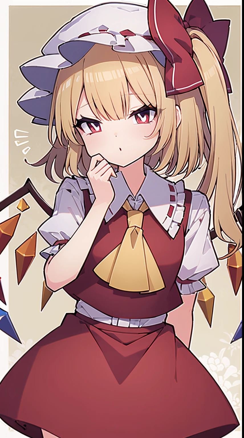 (masterpiece), best quality, Flandre Scarlet, Flandre, Touhou project, 1girl,blonde hair,mob cap,hair bow,bowtie,side ponytail,wings,short sleeves,vest,ascot,