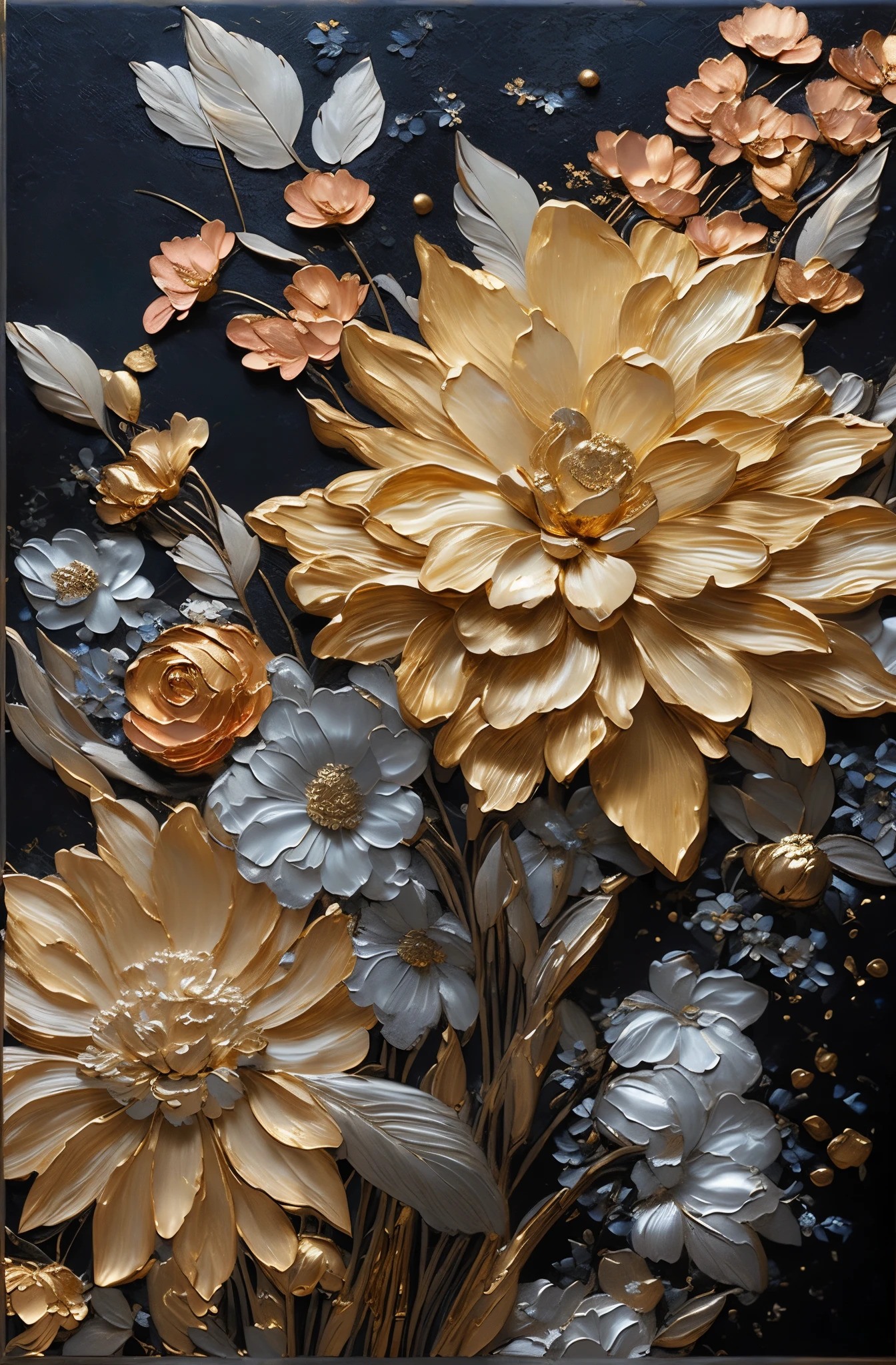 There a painting of flowers, there are gold and silver leaves, gold flowers, golden peony flowers, golden roses, flowers and gold, (gilded relief: 1.5), detailed flowers, gorgeous flowers, golden flaky flowers, intricate flowers, chaotic gold leaf flowers, detailed 4K oil painting, stunning and rich details, gilded. Floral, floral. Baroque elements, intricate oil paintings