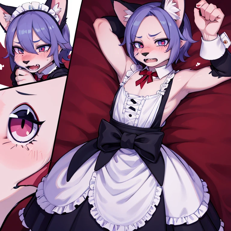 A boy, halfway into transforming into a furry maid, scared an painful look