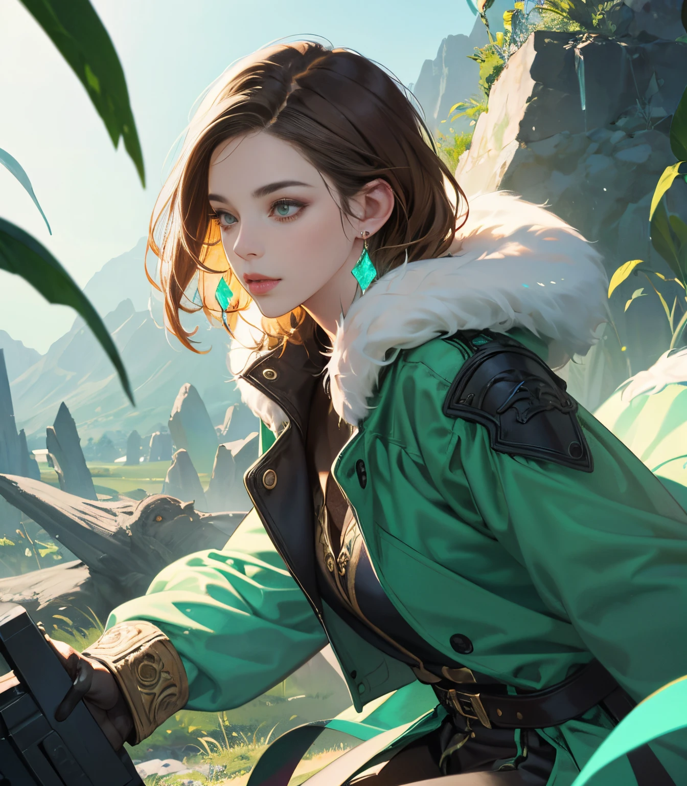 (a girl with) powerful magician,bursting energy throughout the place,calm face,strong and confident aura,brown hair,beautiful detailed eyes,beautiful detailed lips,green crystal earrings,wearing an animal skin coat and pompous cape, wearing long pants and eskimo boots,highres,ultra-detailed,realistic,physically-based rendering,vivid colors,sharp focus,studio lighting,concept artists,landscape,color palette with vibrant greens and blues,soft natural light